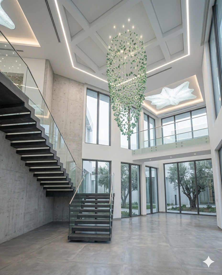 Custom Green Oval Waterfall Crystal Chandelier – 3M Luxury Staircase Pendant Light for Double Height Ceilings