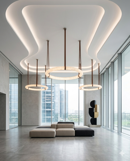 Luxury Marble Ring Chandelier with Leather Straps – Modern LED Round Pendant Light for Living Room & Dining Room
