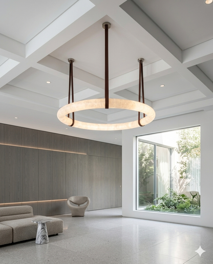 Luxury Marble Ring Chandelier with Leather Straps – Modern LED Round Pendant Light for Living Room & Dining Room