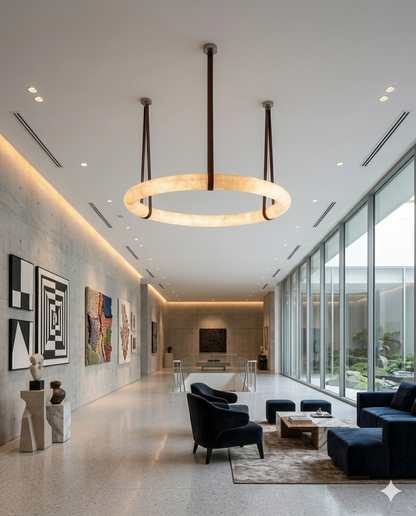 Luxury Marble Ring Chandelier with Leather Straps – Modern LED Round Pendant Light for Living Room & Dining Room