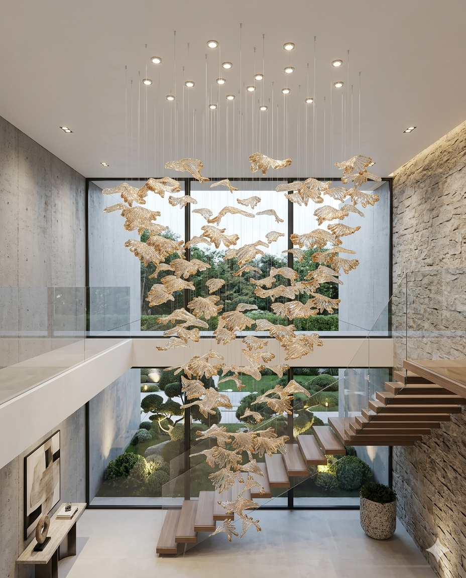 3M Cascading Glass Leaf Chandelier | 1M Round White & Orange Statement Light