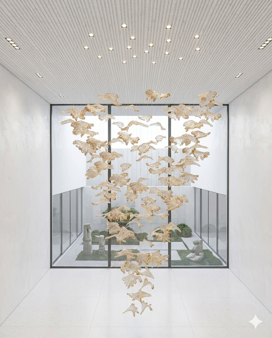 3M Cascading Glass Leaf Chandelier | 1M Round White & Orange Statement Light