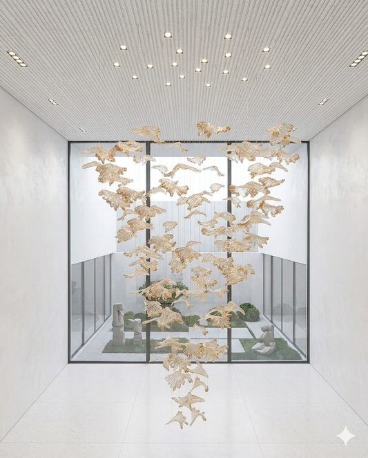 3M Cascading Glass Leaf Chandelier | 1M Round White & Orange Statement Light