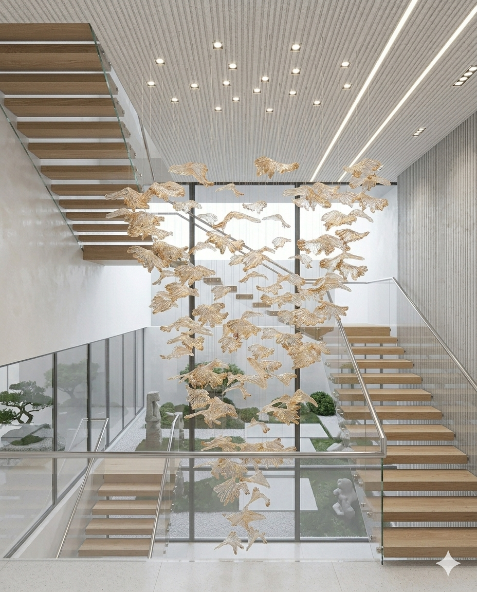 3M Cascading Glass Leaf Chandelier | 1M Round White & Orange Statement Light