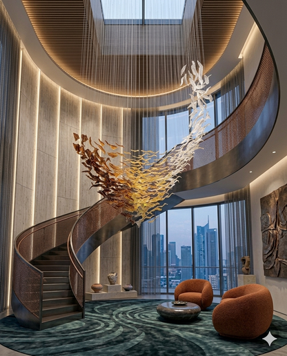 Custom Spiral Wave Glass Leaf Chandelier | 3M Luxury Villa Entrance Light