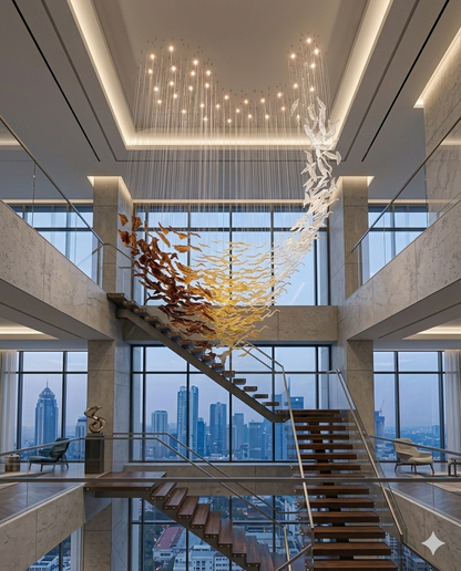 Custom Spiral Wave Glass Leaf Chandelier | 3M Luxury Villa Entrance Light