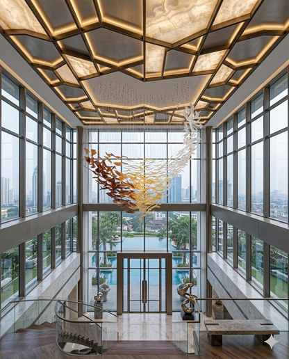 Custom Spiral Wave Glass Leaf Chandelier | 3M Luxury Villa Entrance Light