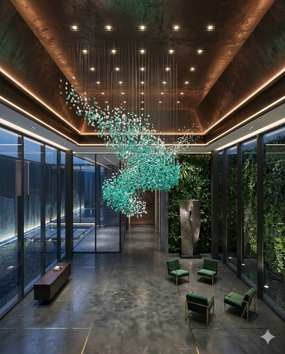 Custom Teal Blue & White Stone Wave Chandelier – 3M Luxury Artistic Installation Light for Villas, Hotels & Grand Lobbies
