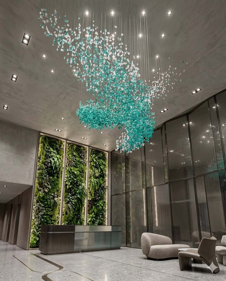 Custom Teal Blue & White Stone Wave Chandelier – 3M Luxury Artistic Installation Light for Villas, Hotels & Grand Lobbies