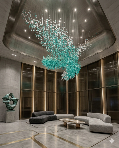 Custom Teal Blue & White Stone Wave Chandelier – 3M Luxury Artistic Installation Light for Villas, Hotels & Grand Lobbies