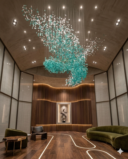 Custom Teal Blue & White Stone Wave Chandelier – 3M Luxury Artistic Installation Light for Villas, Hotels & Grand Lobbies