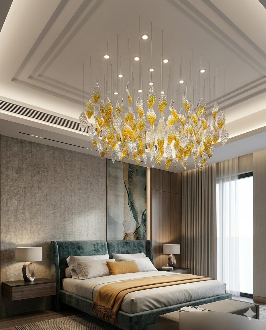 Custom Handblown Frosted Glass Leaf Chandelier – Yellow & White Mixed Ceiling Pendant Light, Modern Linear Dining Room Lighting (1M x 40CM)