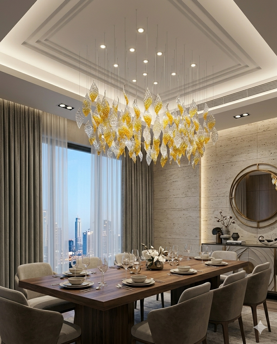 Custom Handblown Frosted Glass Leaf Chandelier – Yellow & White Mixed Ceiling Pendant Light, Modern Linear Dining Room Lighting (1M x 40CM)