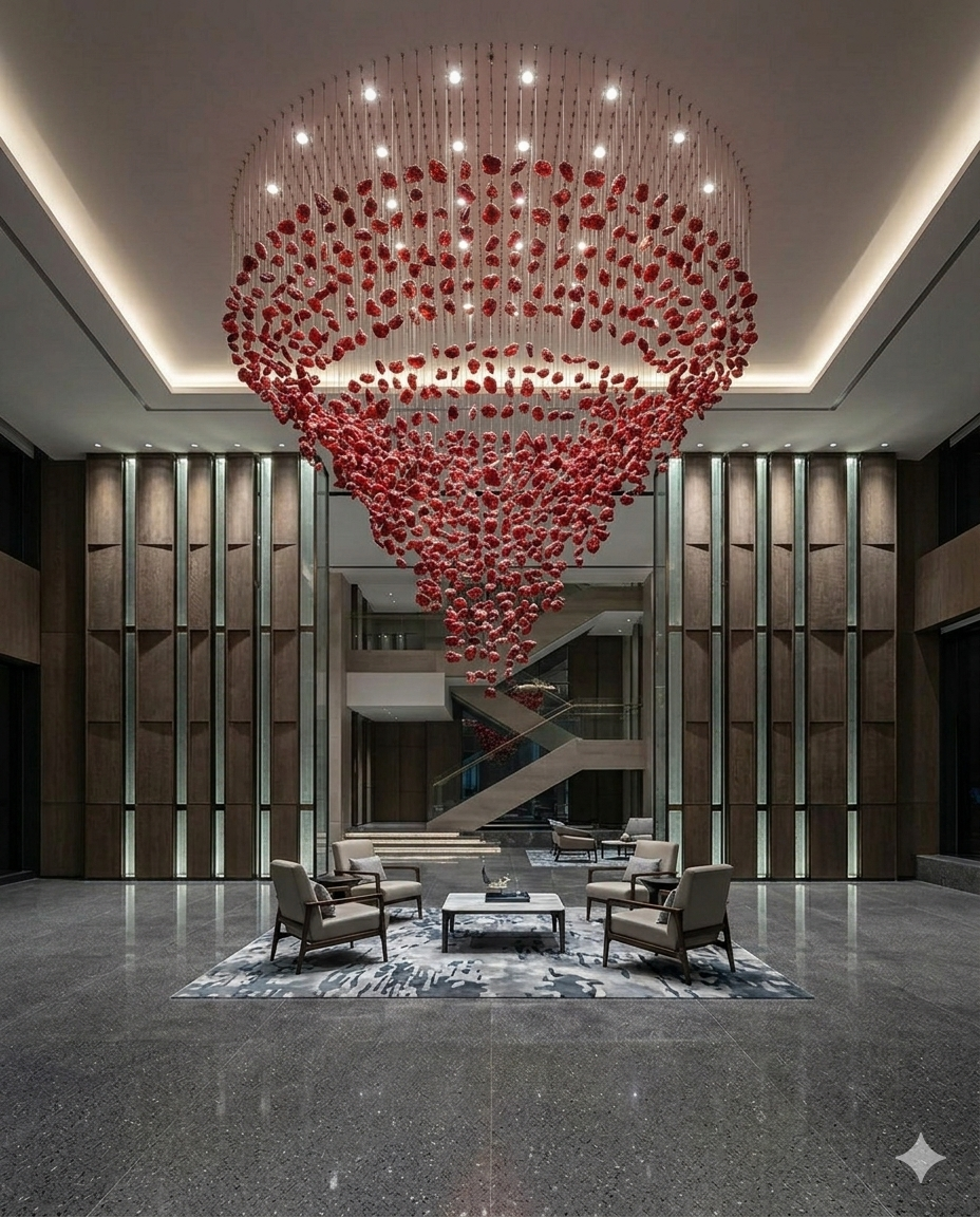 Luxury Custom Red Drop Crystal Chandelier – 1.5m Round Flush Mount, 2m Height
