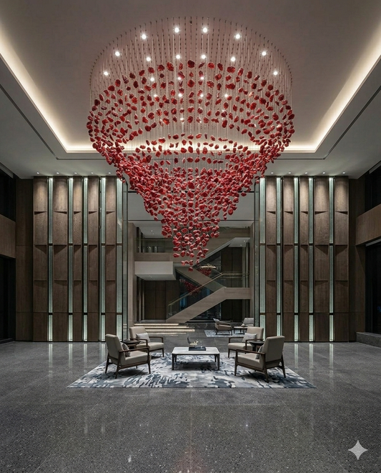 Luxury Custom Red Drop Crystal Chandelier – 1.5m Round Flush Mount, 2m Height