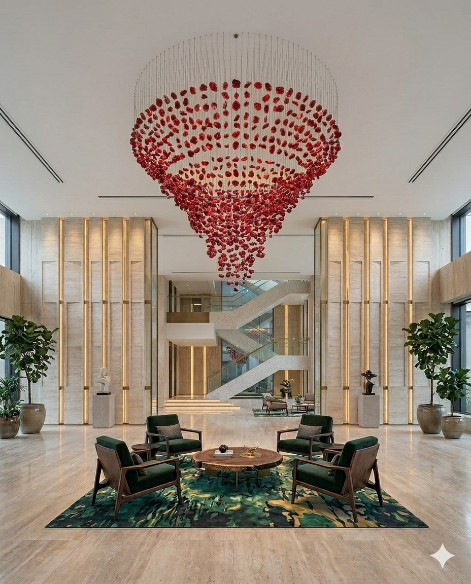 Luxury Custom Red Drop Crystal Chandelier – 1.5m Round Flush Mount, 2m Height