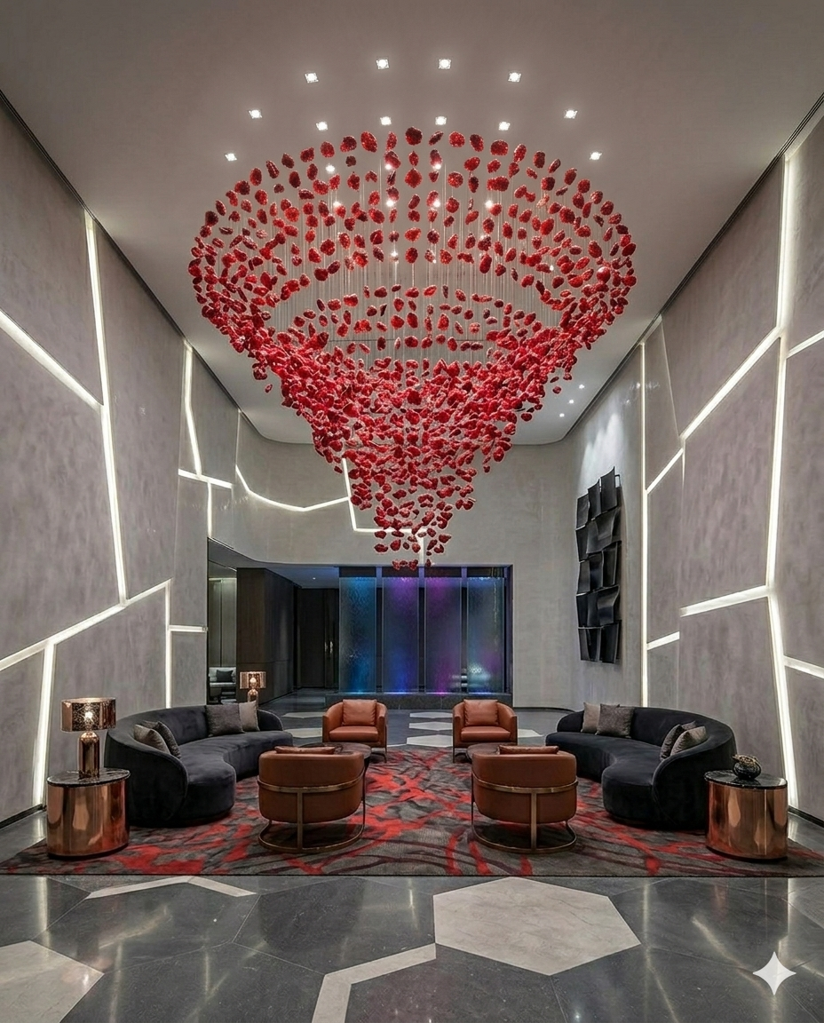 Luxury Custom Red Drop Crystal Chandelier – 1.5m Round Flush Mount, 2m Height