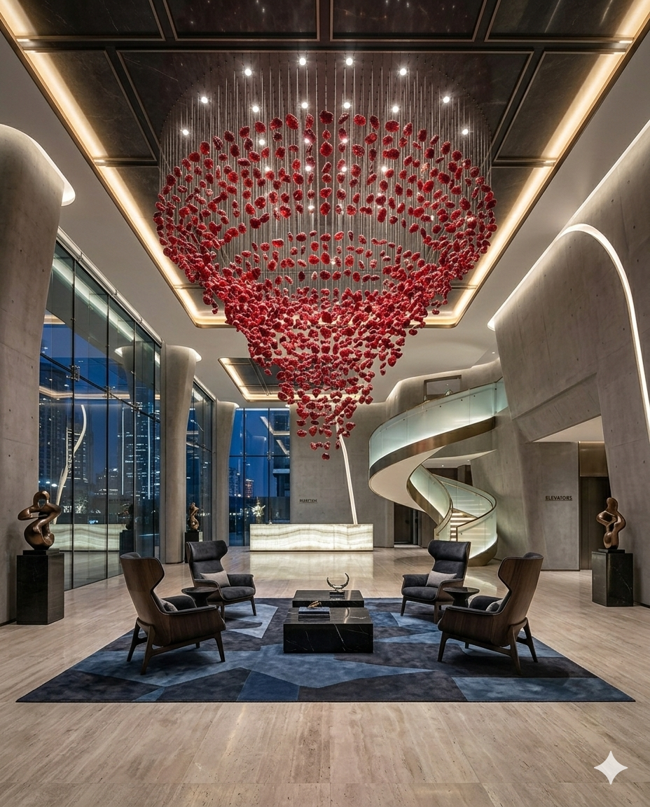 Luxury Custom Red Drop Crystal Chandelier – 1.5m Round Flush Mount, 2m Height