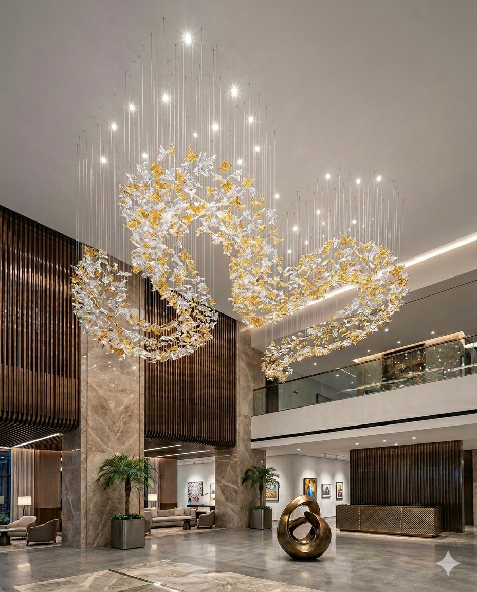 Custom Heart-Shaped White & Gold Leaf Chandelier 5M | Luxury Double Height Staircase Chandelier for Villas & Hotel Lobbies