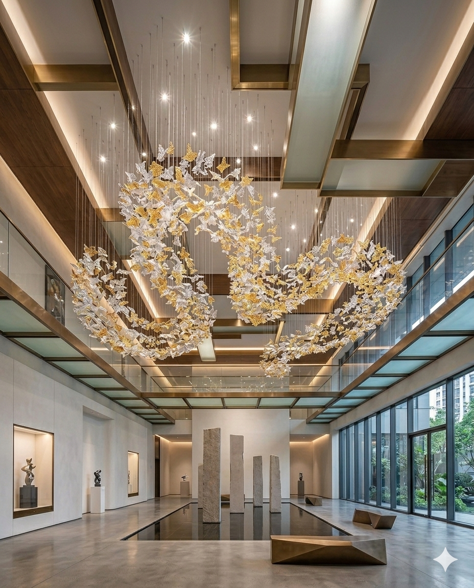 Custom Heart-Shaped White & Gold Leaf Chandelier 5M | Luxury Double Height Staircase Chandelier for Villas & Hotel Lobbies