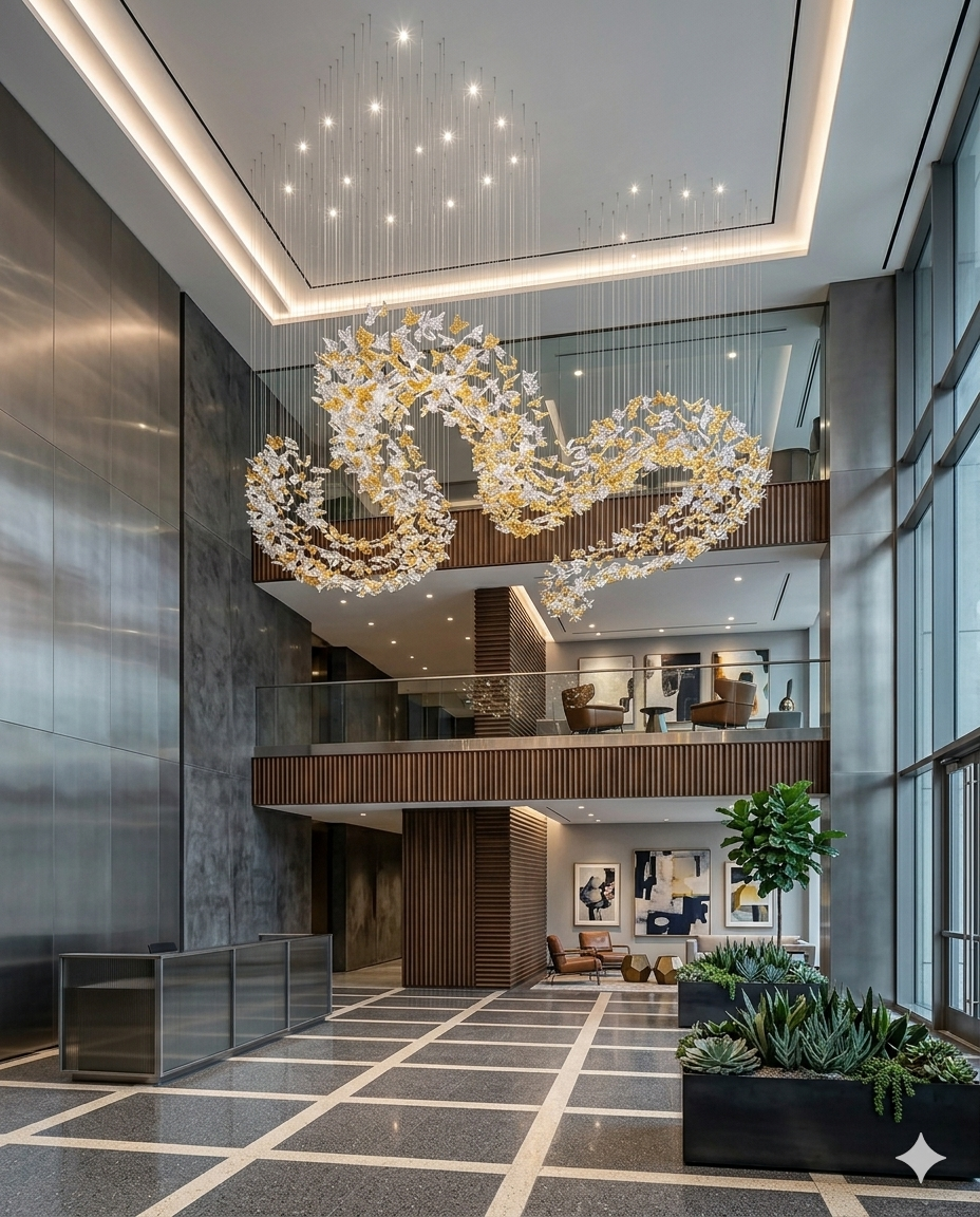 Custom Heart-Shaped White & Gold Leaf Chandelier 5M | Luxury Double Height Staircase Chandelier for Villas & Hotel Lobbies