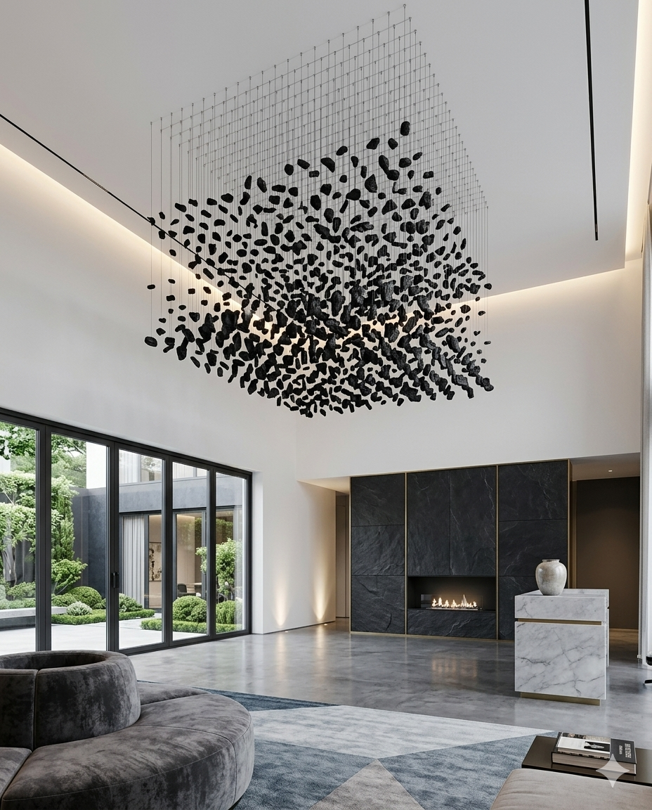 Custom Black Stone Square Chandelier 1.5M | Modern Floating Stone Ceiling Light for Luxury Living Rooms & High Ceilings