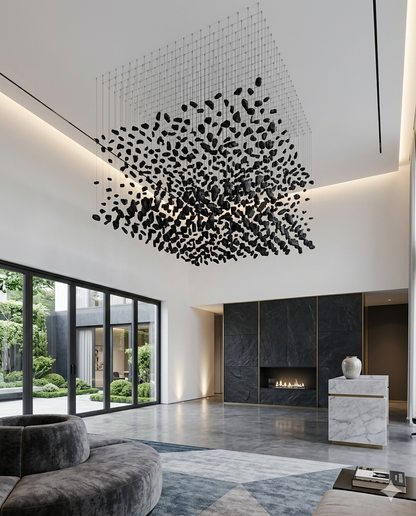 Custom Black Stone Square Chandelier 1.5M | Modern Floating Stone Ceiling Light for Luxury Living Rooms & High Ceilings