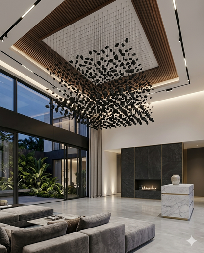Custom Black Stone Square Chandelier 1.5M | Modern Floating Stone Ceiling Light for Luxury Living Rooms & High Ceilings