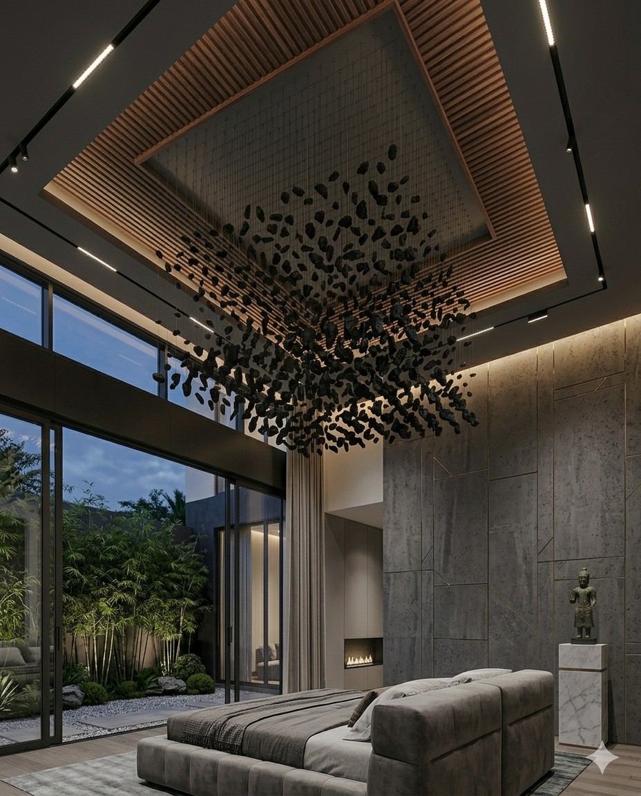 Custom Black Stone Square Chandelier 1.5M | Modern Floating Stone Ceiling Light for Luxury Living Rooms & High Ceilings