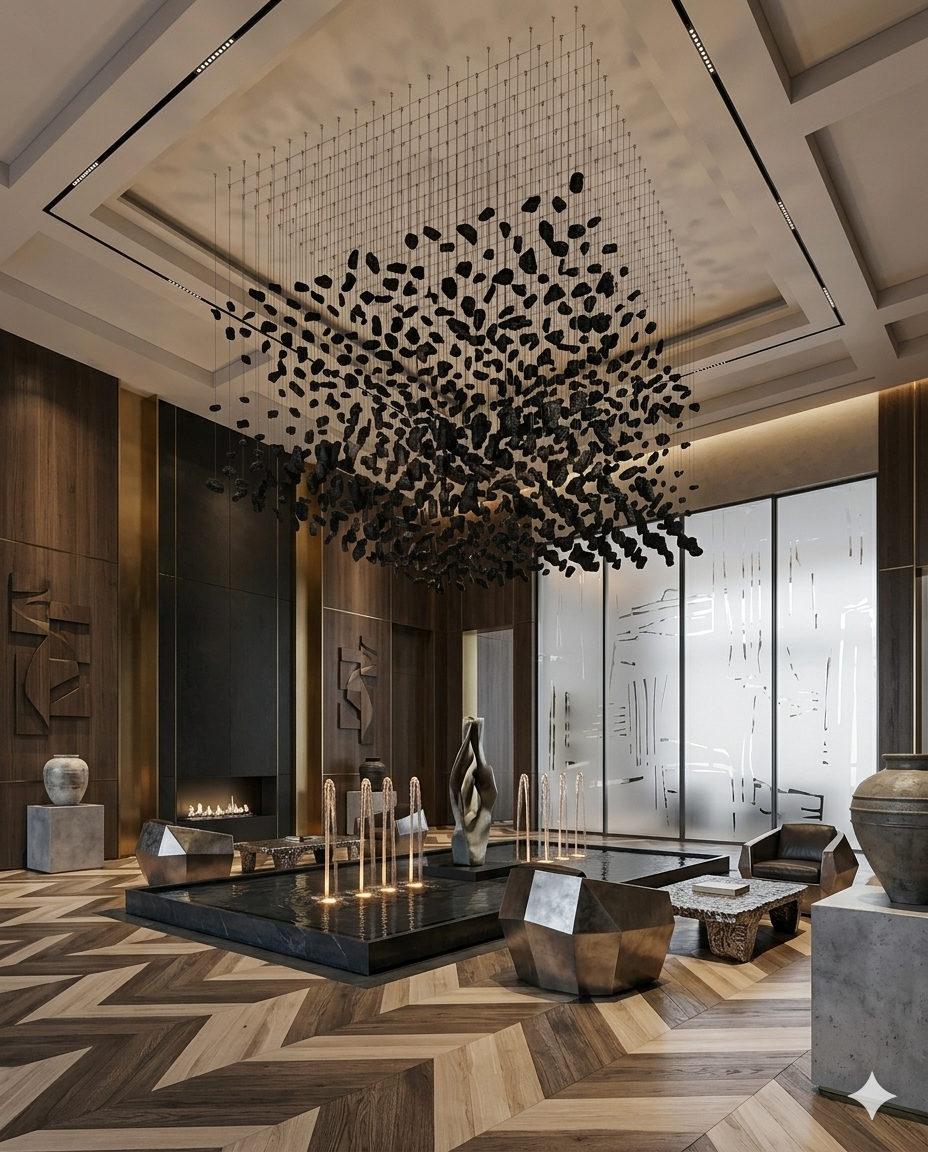 Custom Black Stone Square Chandelier 1.5M | Modern Floating Stone Ceiling Light for Luxury Living Rooms & High Ceilings