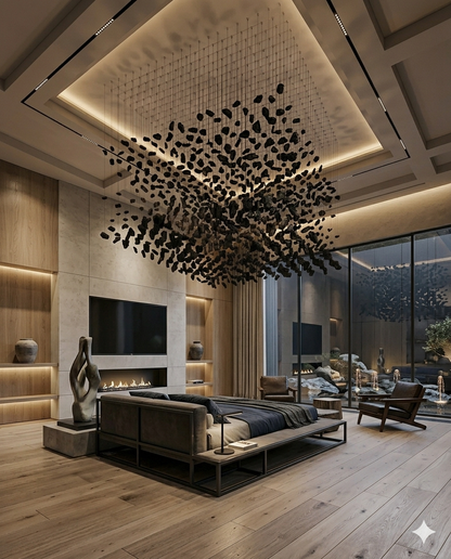 Custom Black Stone Square Chandelier 1.5M | Modern Floating Stone Ceiling Light for Luxury Living Rooms & High Ceilings