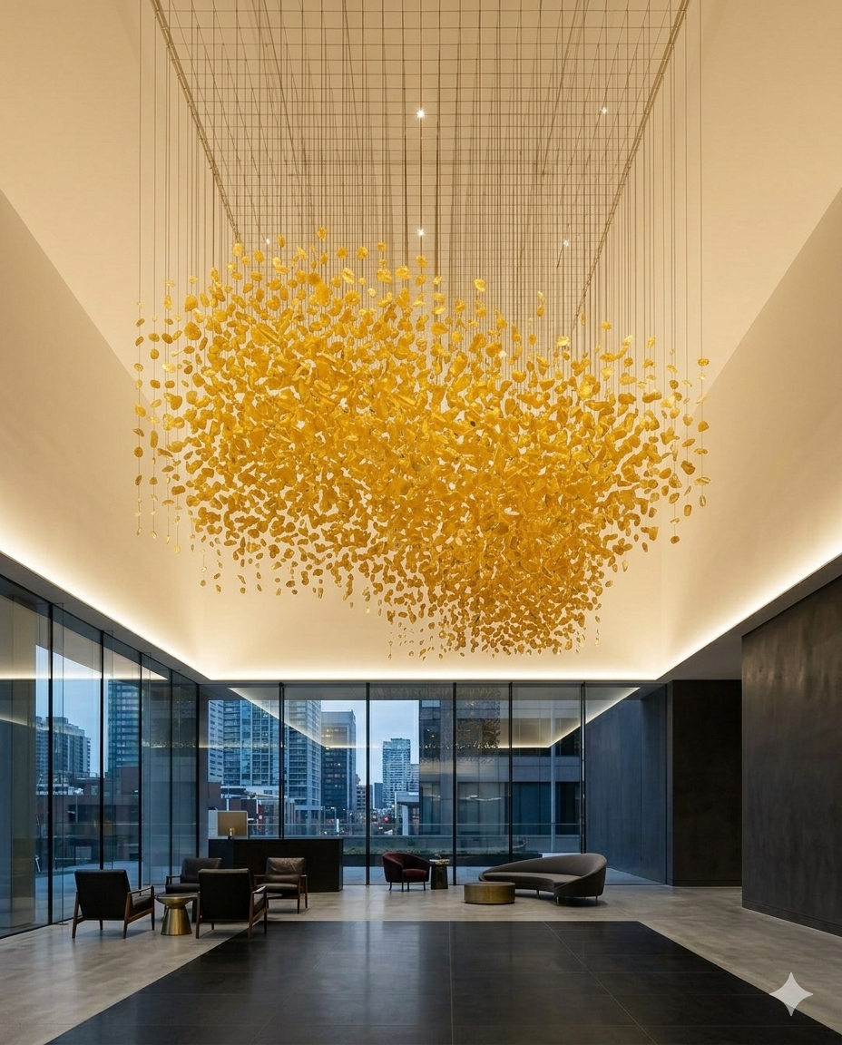 Luxury Yellow Stone Ceiling Installation - Custom Modern Floating Stone Art Chandelier (2m x 1m)