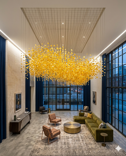 Luxury Yellow Stone Ceiling Installation - Custom Modern Floating Stone Art Chandelier (2m x 1m)