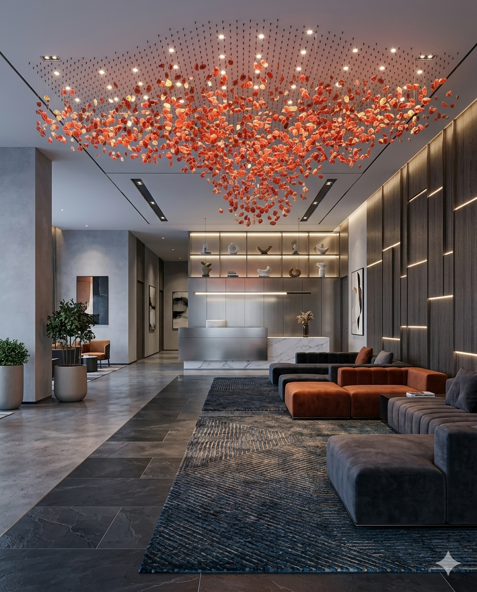 Custom Red Crystal Stone Rectangular Chandelier 3M | Luxury Modern Linear Chandelier for Hotel Lobby & Dining Hall