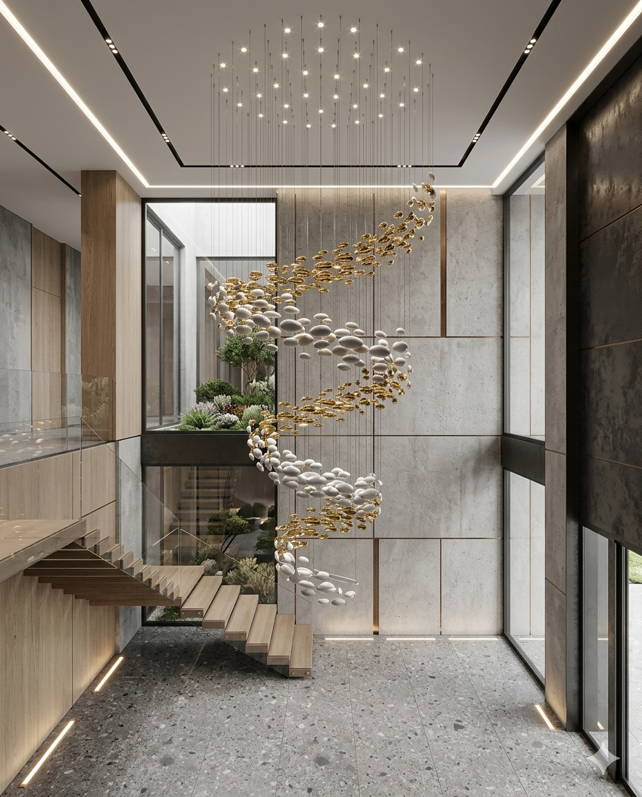 6-Meter Modern Spiral Staircase Chandelier – Custom White & Gold Glass