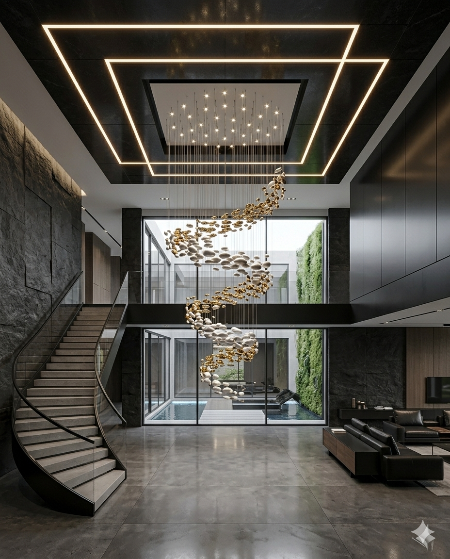 6-Meter Modern Spiral Staircase Chandelier – Custom White & Gold Glass