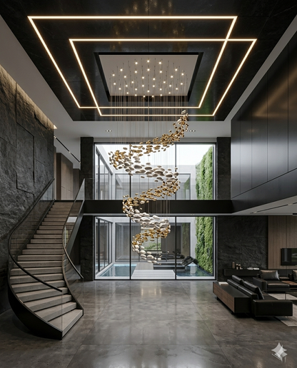 6-Meter Modern Spiral Staircase Chandelier – Custom White & Gold Glass