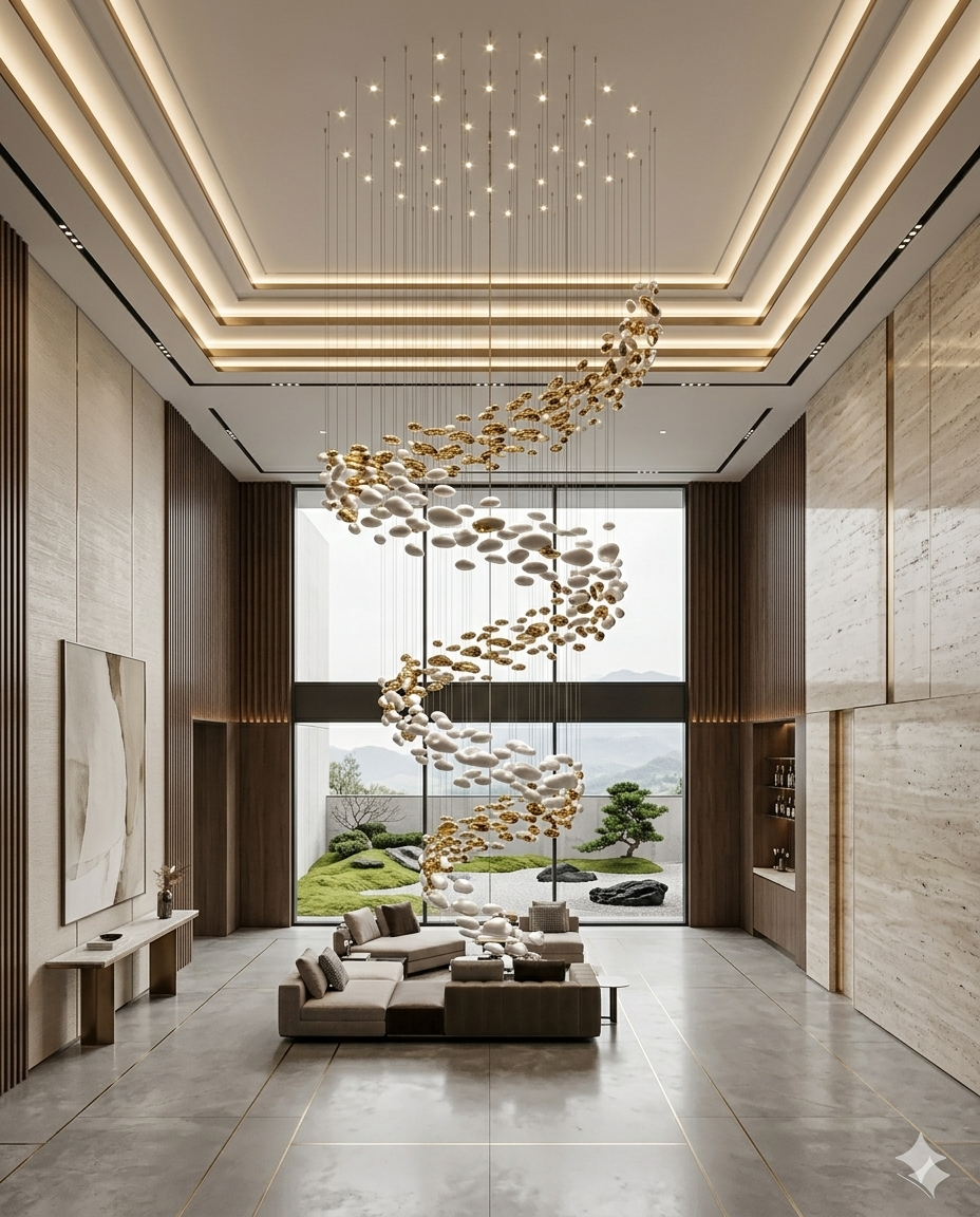 6-Meter Modern Spiral Staircase Chandelier – Custom White & Gold Glass