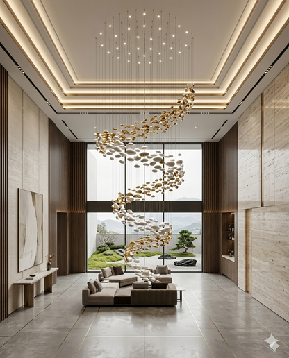 6-Meter Modern Spiral Staircase Chandelier – Custom White & Gold Glass