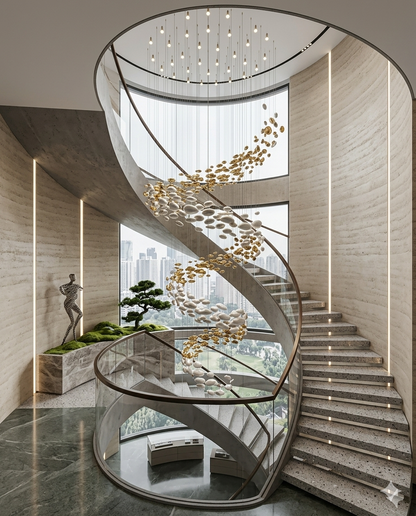 6-Meter Modern Spiral Staircase Chandelier – Custom White & Gold Glass