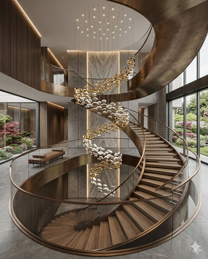 6-Meter Modern Spiral Staircase Chandelier – Custom White & Gold Glass