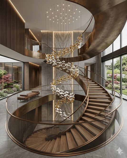 6-Meter Modern Spiral Staircase Chandelier – Custom White & Gold Glass