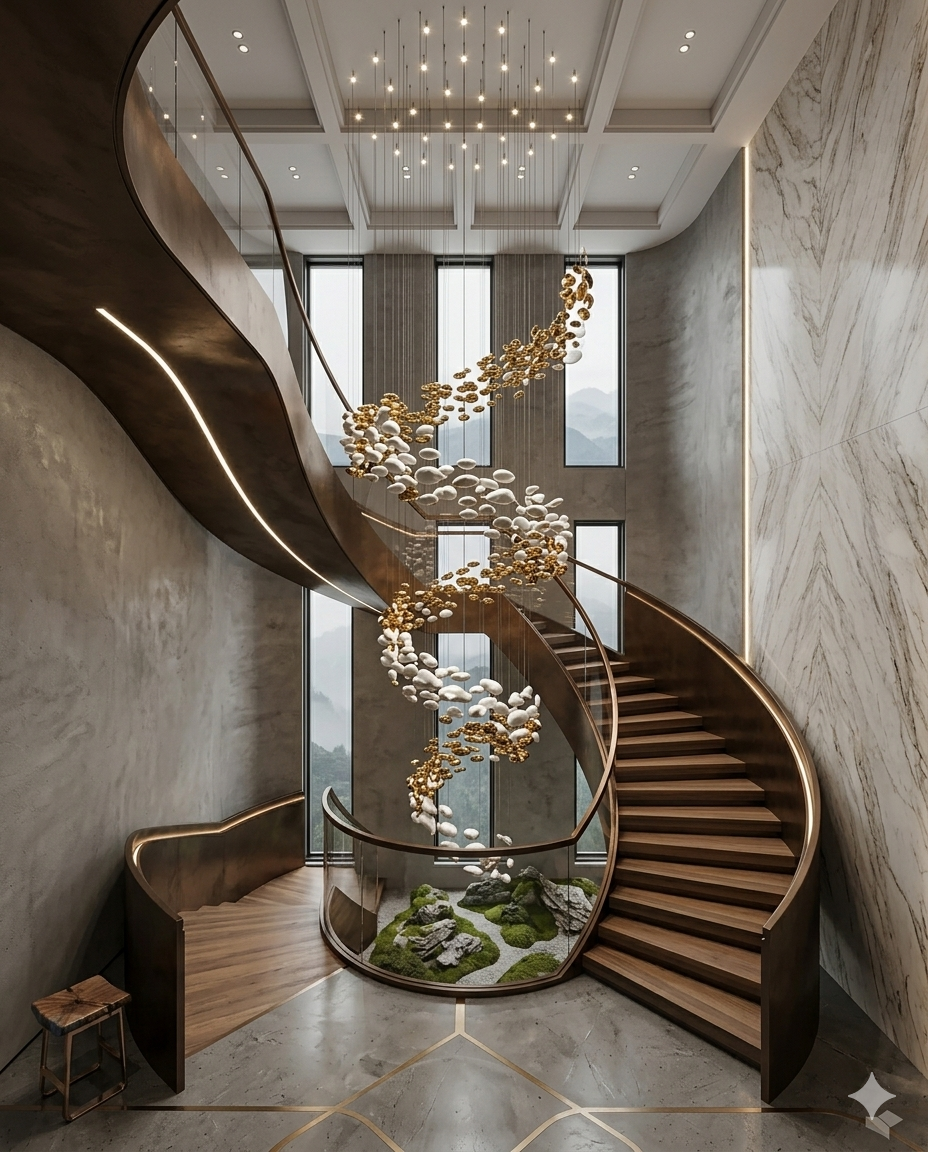 6-Meter Modern Spiral Staircase Chandelier – Custom White & Gold Glass