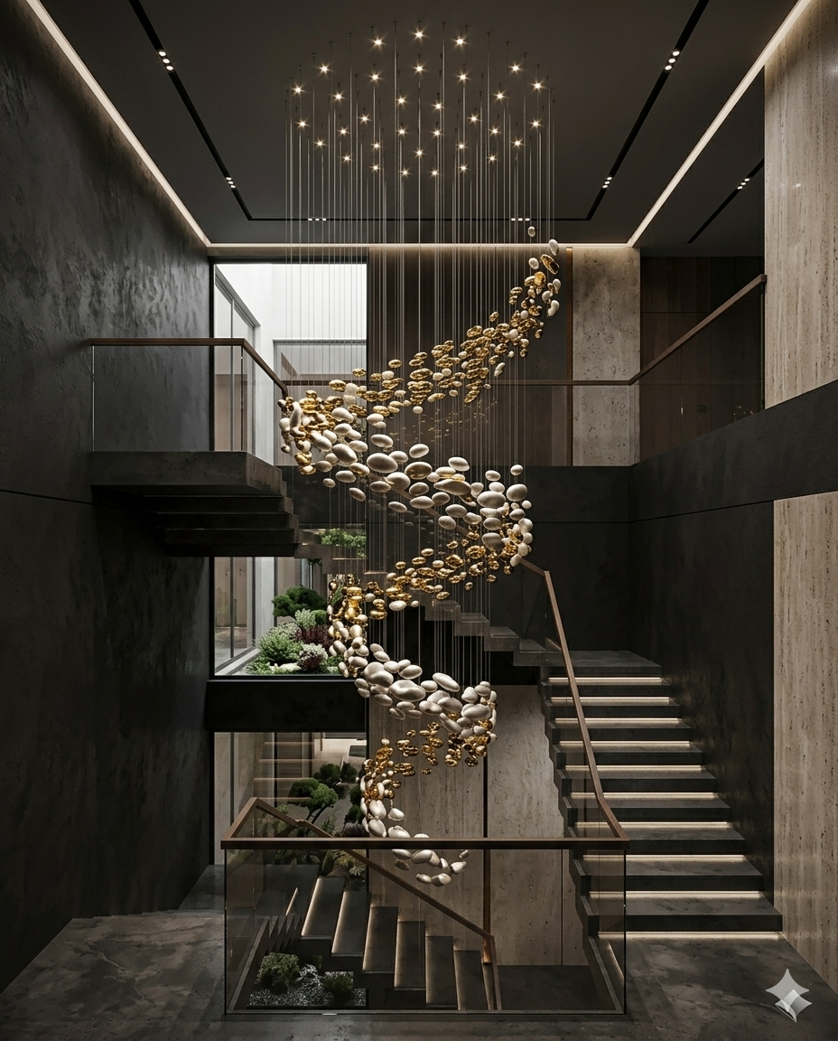 6-Meter Modern Spiral Staircase Chandelier – Custom White & Gold Glass