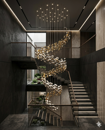 6-Meter Modern Spiral Staircase Chandelier – Custom White & Gold Glass