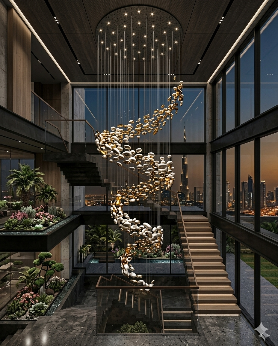 6-Meter Modern Spiral Staircase Chandelier – Custom White & Gold Glass