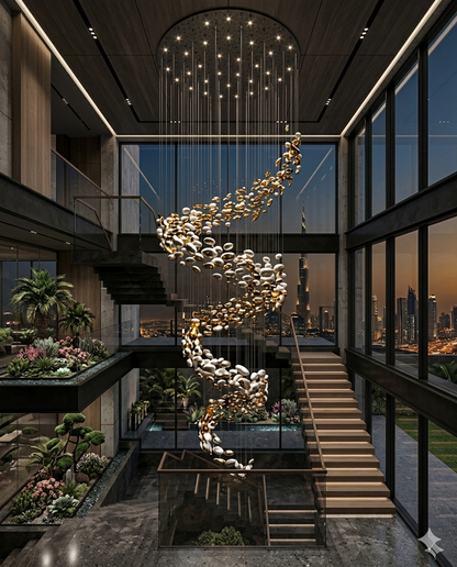 6-Meter Modern Spiral Staircase Chandelier – Custom White & Gold Glass