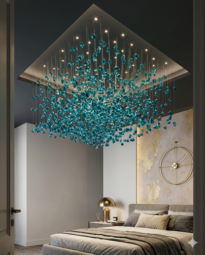 1M Square Custom Teal Blue Stone Chandelier - Bespoke Luxury Cascade Pendant Light