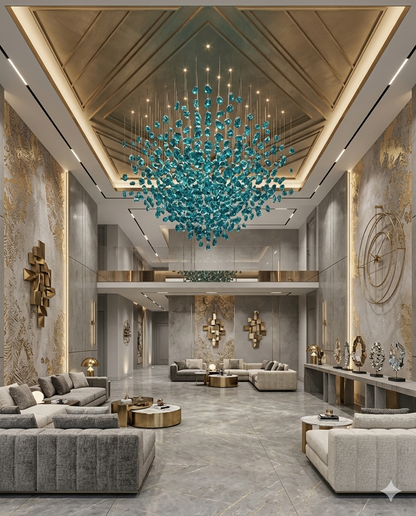 1M Square Custom Teal Blue Stone Chandelier - Bespoke Luxury Cascade Pendant Light