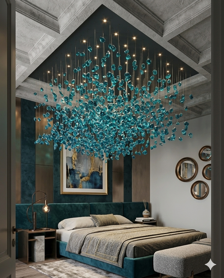 1M Square Custom Teal Blue Stone Chandelier - Bespoke Luxury Cascade Pendant Light